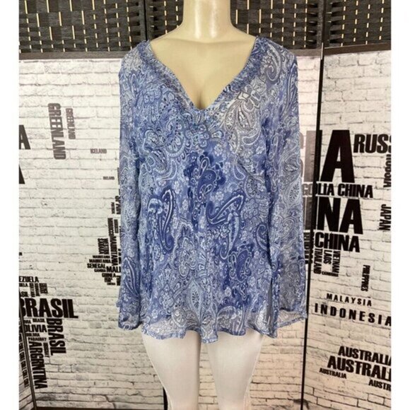 New York City Design L Blue Paisley Silk Beaded V-Neck Long Bell Sleeve Top - Picture 1 of 6